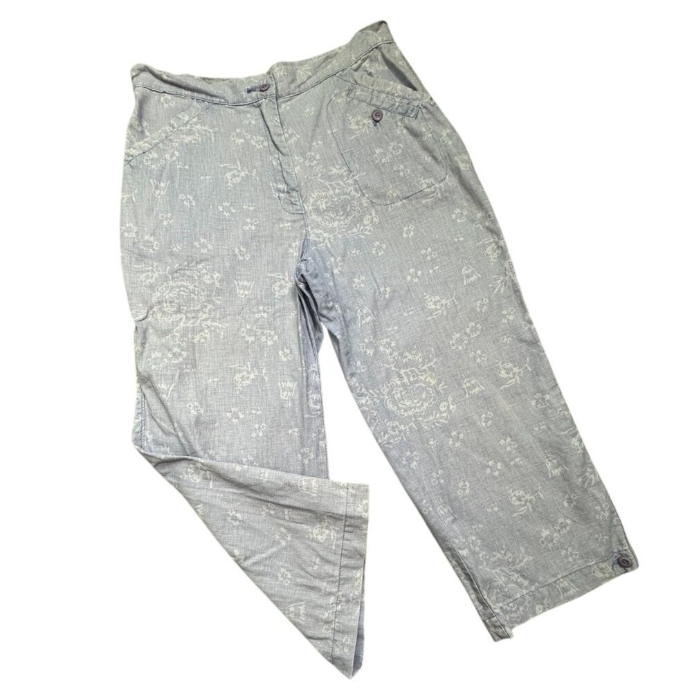 Woolrich VTG Periwinkle Blue Floral Linen Blend High Waist Cropped Capri Size 12